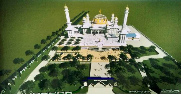 Nampak dari ketinggian desain Masjid Raya Al Kautsar Kendari dengan lima payung bak Masjid Nabawi, Madinah. (Foto: Sarini Ido/SULTRAKINI.COM)