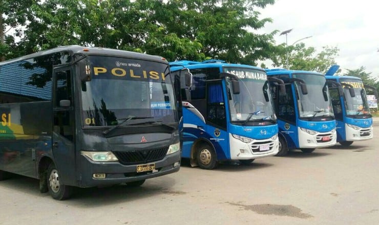Bus gratis Dishub Muna, Muna Barat, dan Polres Muna yang disiapkan di Pelabuhan Nusantara Raha. (Foto: Arto Rasyid/SULTRAKINI.COM)