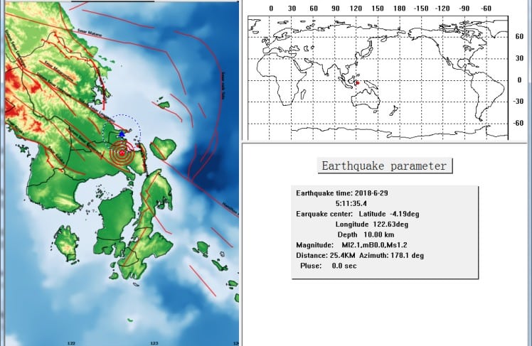 Peta titik lokasi gempa Tektonik di wilayah Moramo, Konsel, Sultra, Jumat (29/6/2018), (Foto : BMKG Sultra/SULTRAKINI.COM)