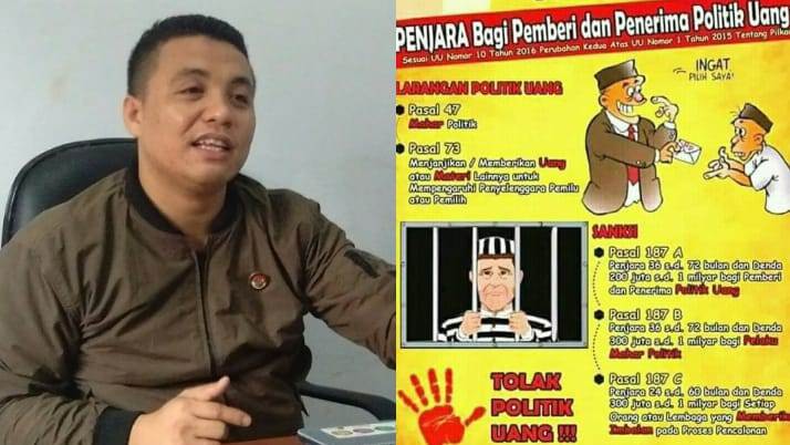 (kiri) Komisioner Panwaslu Konawe, Indra Eka Putra. (kanan) pamflet informasi peringatan terkait sanksi bagi pelaku politik uang. (Foto: Mas Jaya/SULTRAKINI.COM)