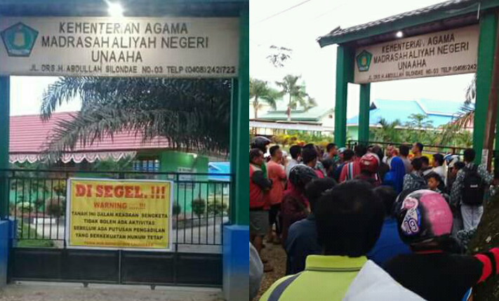 MAN 1 Unaaha saat dalam penyegelan (foto kiri). Suasana para siswa madrasah saat menunggu di depan gerbang sekolah. (Foto: istimewa/SULTRAKINI.COM)