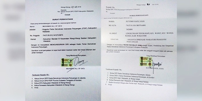 Surat kemunduran diri Muhamad Ali dan Sutomo Hadi sebagai kader PDIP. (Foto: Istimewa untuk SULTRAKINI.COM)