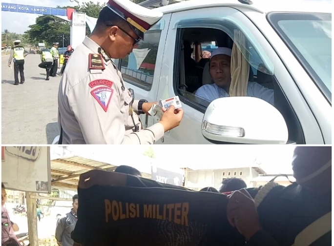 Kasat Lantas Polres Muna, IPTU Yonathan saat memeriksa kelengkapan surat kendaraan pengemudi. Insert: POM yang menyita pakaian TNI yang dikenakan warga sipil. (Foto: Arto Rasyid/SULTRAKINI.COM)