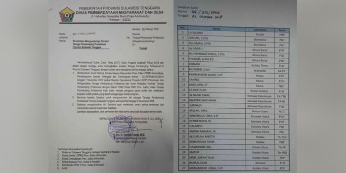 Surat Edaran Kadis DPMD terkait Imbauan pemunduran diri pendamping yang Caleg. Insert: Daftar Nama tim Pendamping Desa yang Caleg. (Foto: Istimewa)
