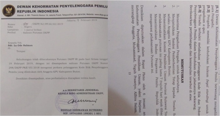 Salinan putusan pemberhentian anggota KPU Buton, Sarfan Kurni oleh DKPP RI (Foto: La Ode Sulma untuk SULTRAKINI.COM).