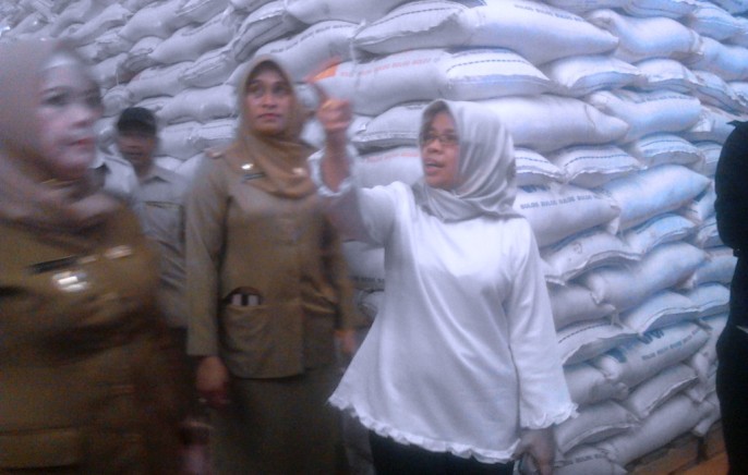 Direktur Jenderal Perdagangan Dalam Negeri, TJ Ahya Widayanti (baju putih), saat meninjau stok beras di Gudang Bulog Sultra, Senin (22/4/2019). (Foto: Wa Rifin/SULTRAKINI.COM).