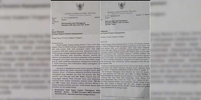 Surat rekomendasi KASN kepada Bupati Wakatobi. (Foto: Istimewa).