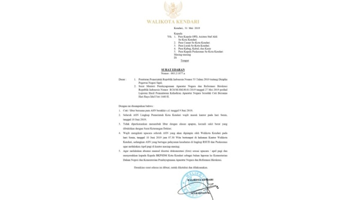 Surat Edaran Wali Kota Kendari terkait imbauan jadwal hari masuk kantor setelah libur lebaran. (Foto: Istimewa)