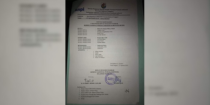 Surat keputusan penunjukan Ichsan sebagai Carateker DPD KNPI Buton. (Foto: Istimewa)