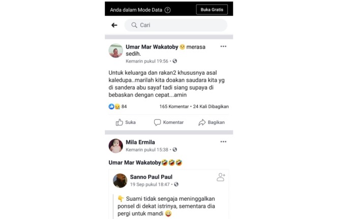 Potongan gambar unggahan akun Facebook Umar Mar Wakatoby.