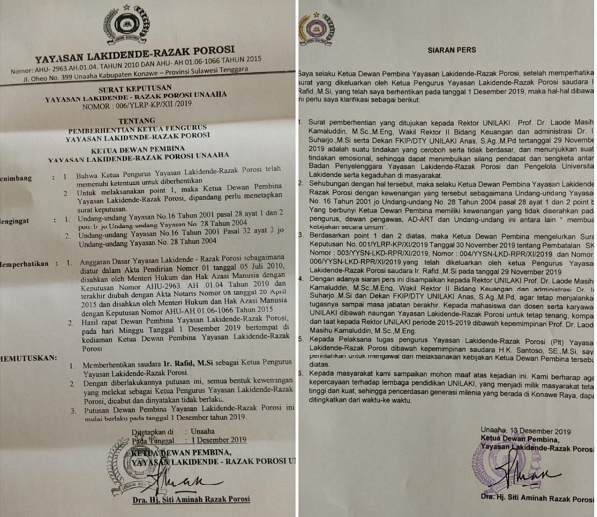 Surat Keputusan dan siara pers Ketua Dewan Pembina Yayasan Lakidende Razak Porosi, Dra Hj Siti Aminah Razak menyikapi pemecatan yang dilakukan oleh ketua pengurus yayasan tersebut.