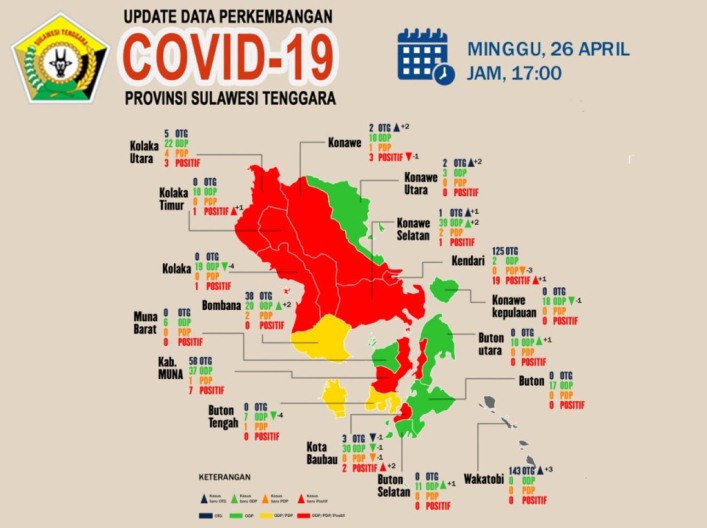 Peta persebaran Covid -19 di Sultra per tanggal 26 April 2020 pukul 17. 00 Wita (Sumber: Gugus Tugas Covid -19 Sultra)