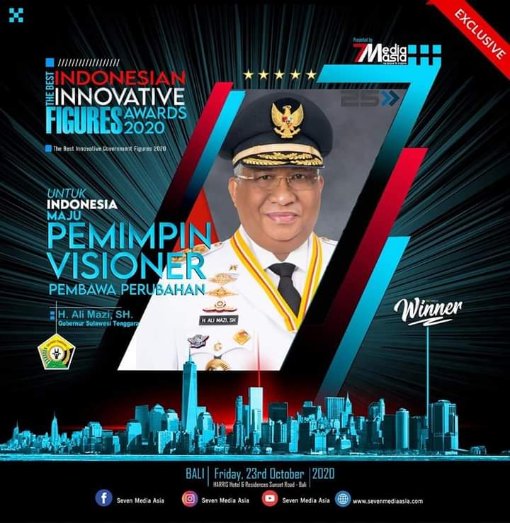 Gubernur Sultra, Ali Mazi meraih penghargaan The Best Indonesian Innovative Figures Awards 2020 dari Seven Media Asia (Foto: Istimewa)