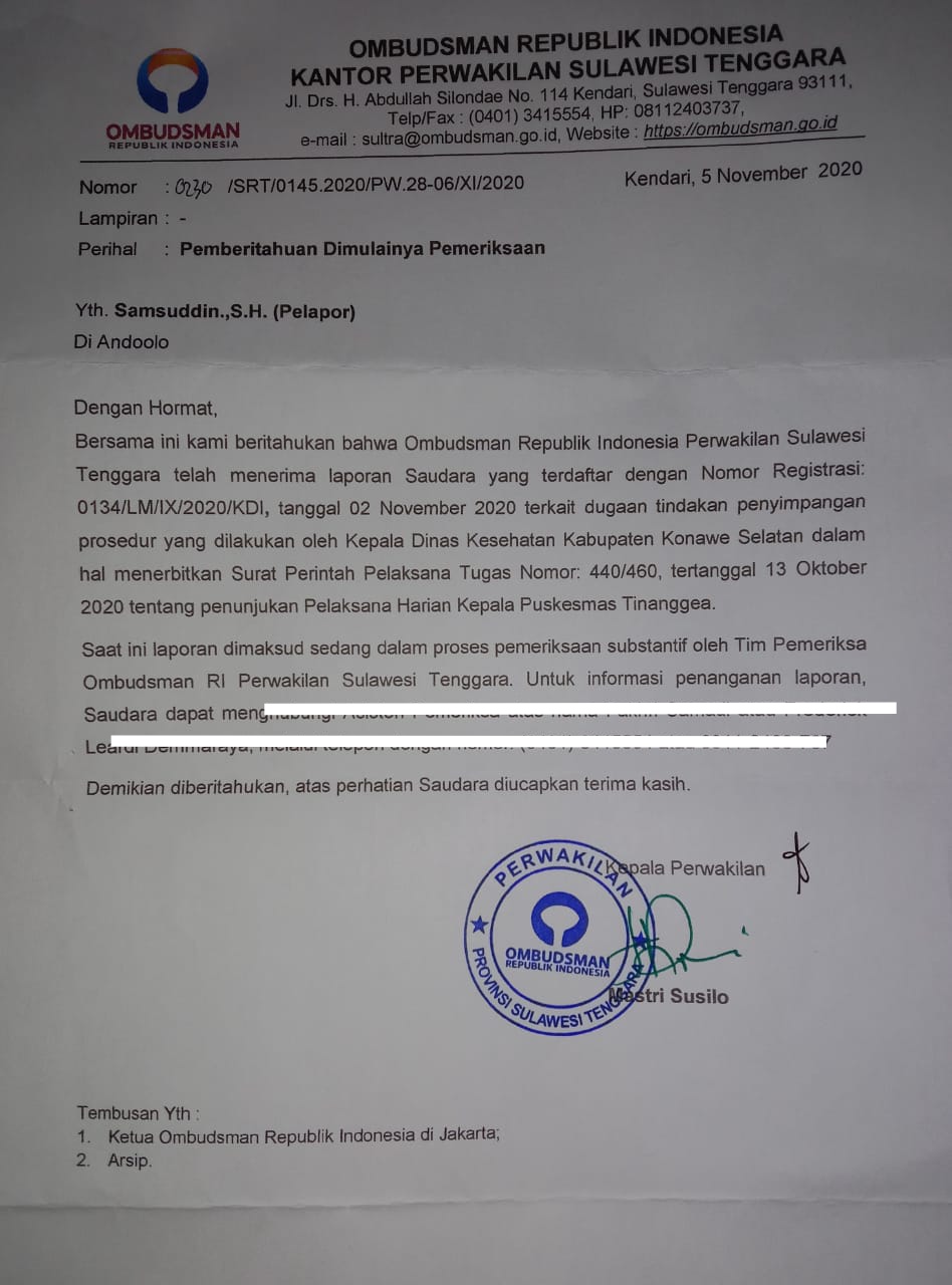 Surat pemberitahuan pemeriksaan Ombudsman RI Perwakilan Sultra (Foto: Ist)