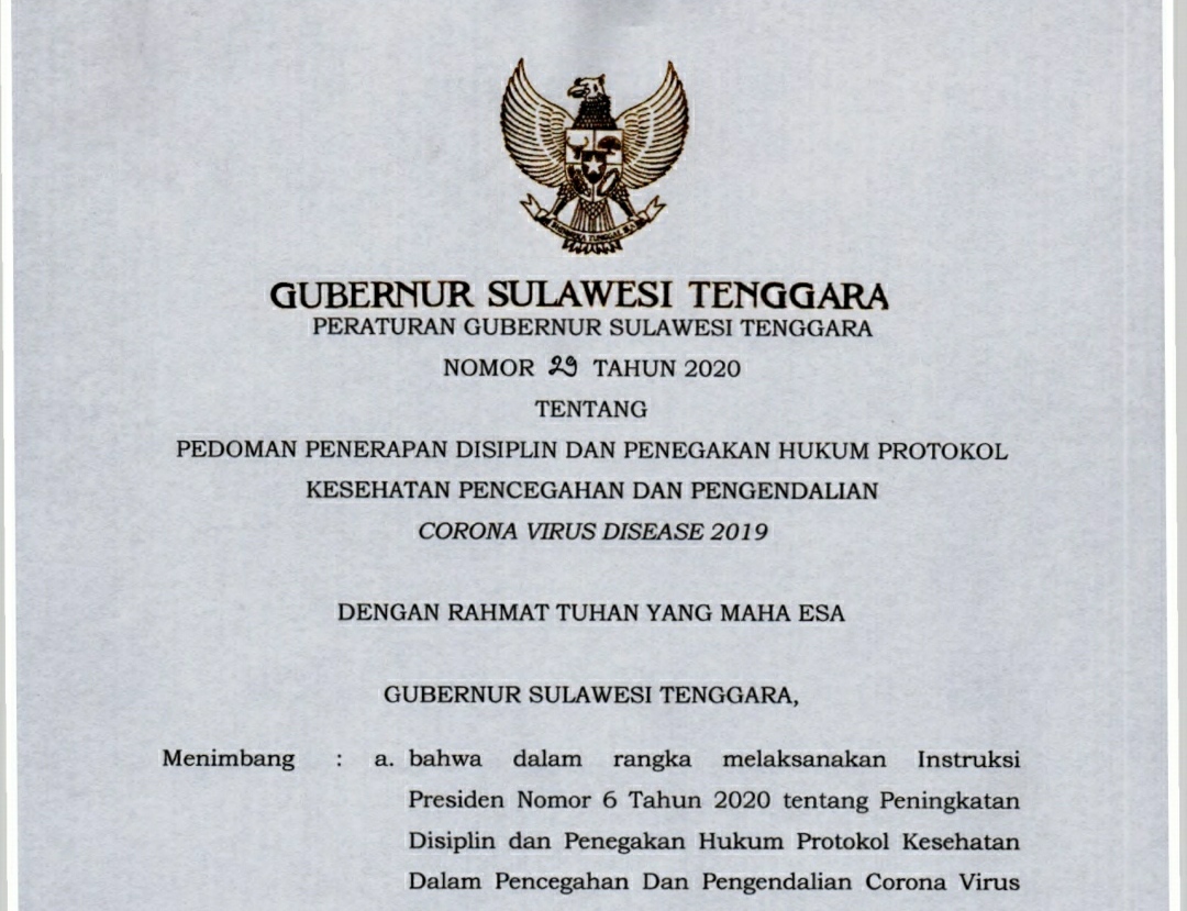 SE Gubernur Sulawesi Tenggara No.29 Tahun 2020. Foto: IST