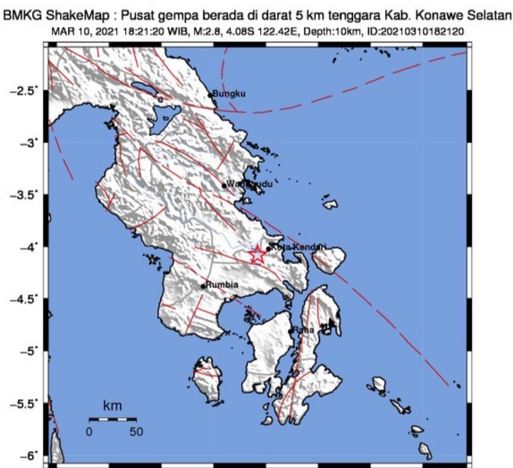Titik koordinat lokasi kejadian gempa bumi Sesar Kendari yang di rasakan di wilayah Ranomeeto, Konsel. (Foto: Dok. BMKG Kendari)