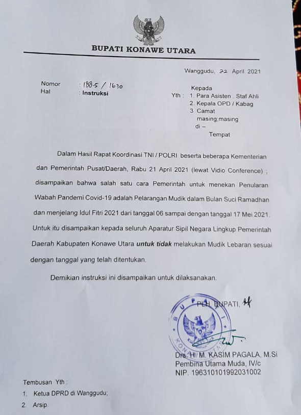Surat keputusan Plh Bupati Konawe Utara pelarangan mudik, (Foto: Aripin Lapotende/SULTRAKINI.COM)