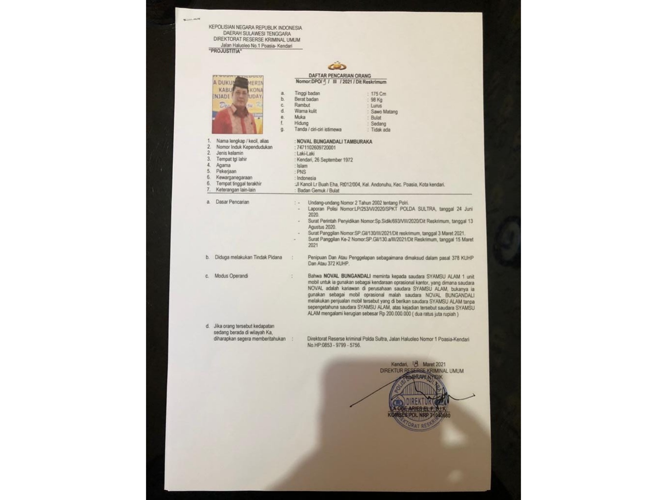 Surat DPO yang dikeluarkan pihak Polda Sultra, (Foto: Ist)