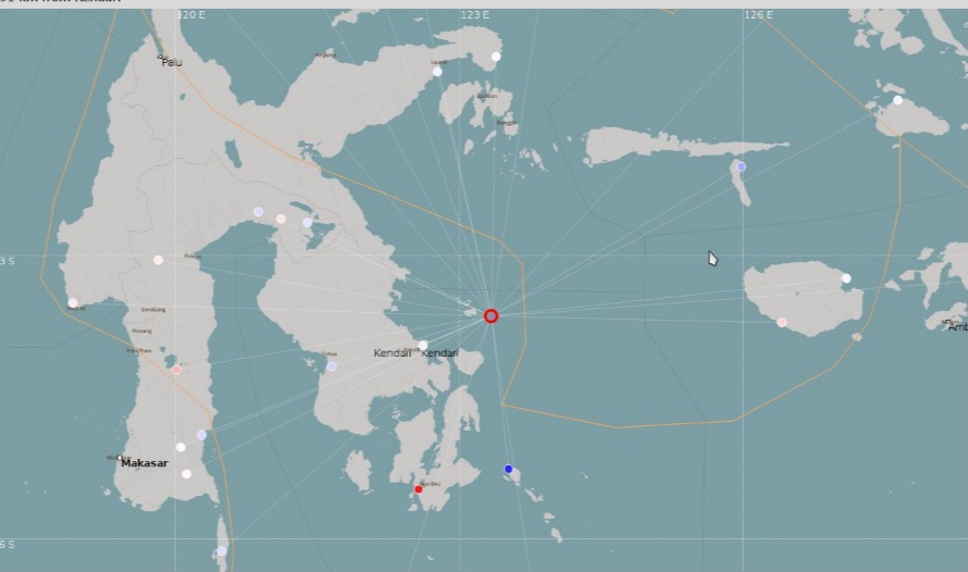 Titik pusat gempa bumi berdasarkan pemantauan BMKG Kendari, (Foto: Dok. BMKG Kendari)