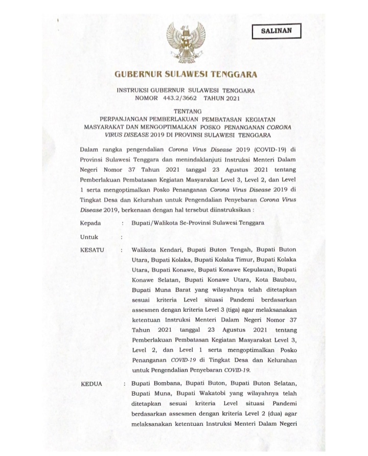 Salinan surat edaran Gubernur Sultra perpanjangan PPKM mikro di Sultra, (Foto: Screenshot)