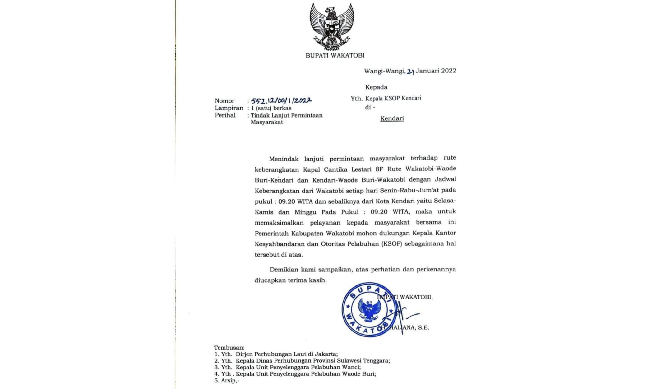 Surat Bupati Wakatobi nomor 552.12/09/I/2022 perihal permintaan rute kapal Cantika Lestari 8F Kendari-Wanci kini menua kritik. (Foto: Ist)