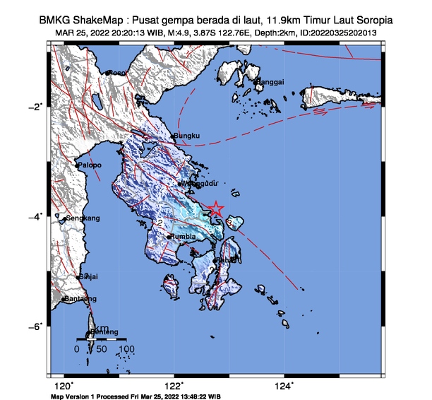 Pusat gempa akibat Sesar Lawanopo di Timur Laut Soropia, Kabupaten Konawe. (Foto: Dok. BMKG)