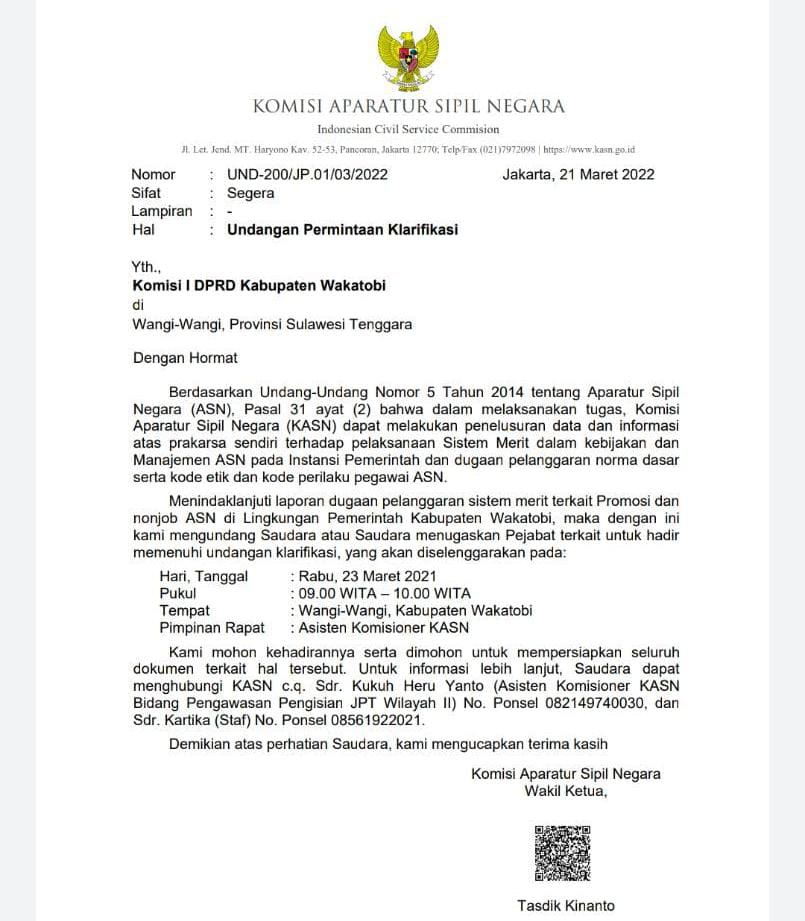 Surat undangan DPRD Wakatobi untuk hadir dalam klarifikasi yang dilakukan oleh KASN. (Foto: Ist)
