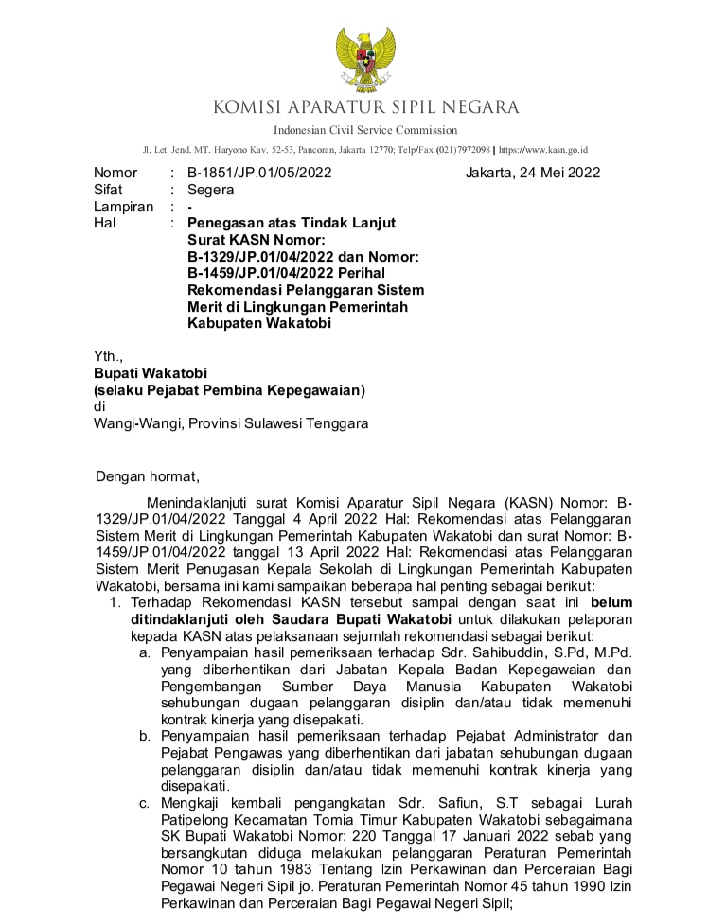 Surat rekomendasi KASN yang ditujukan ke Bupati Wakatobi. (Foto: Ist) ﻿