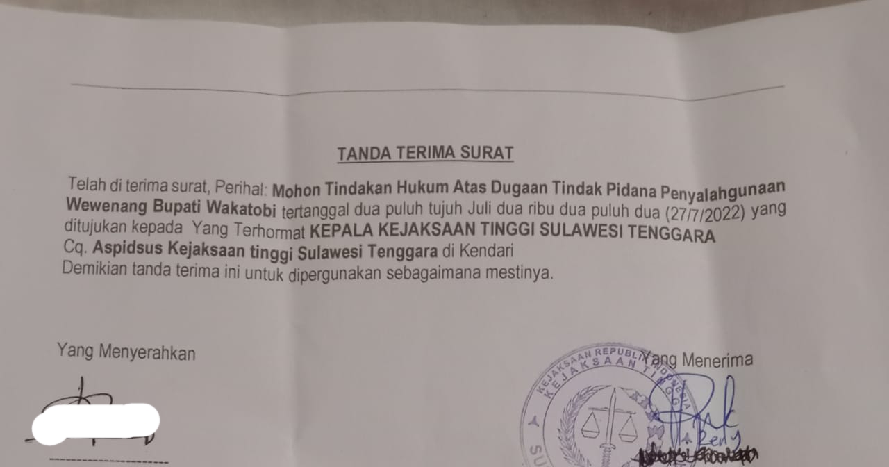 Surat tanda terima aduan Bupati Wakatobi ke Kejaksaan Tinggi Sultra. (Foto: IST)