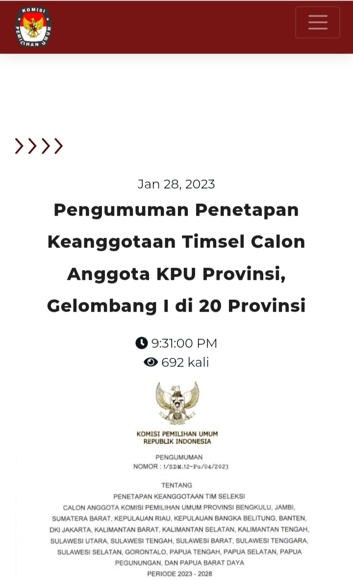 Potongan surat keputusan pengumuman nama-nama Timsel 20 Provinsi di Indonesia oleh KPU RI. (Foto: Screenshot)