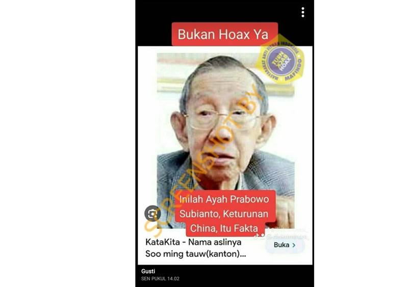 Gambar hoax yang beredar di Facebook tentang klaim keturunan ayah Prabowo. FOTO: IST